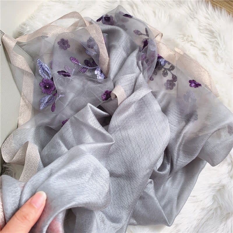 Birchapple Flower Embroidered Gold Edge Thin Summer Scarf - Image 4