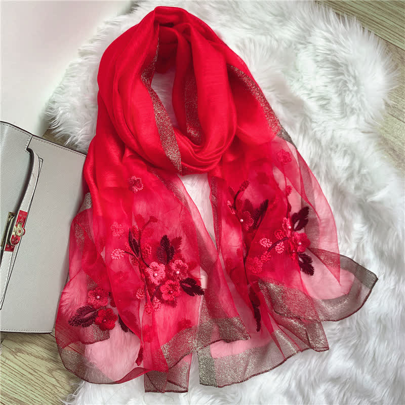 Birchapple Flower Embroidered Gold Edge Thin Summer Scarf - Image 5