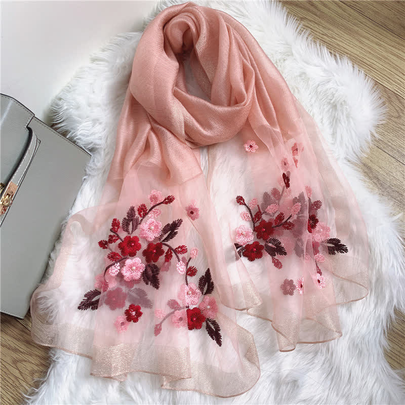 Birchapple Flower Embroidered Gold Edge Thin Summer Scarf - Image 6