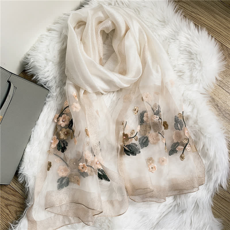 Birchapple Flower Embroidered Gold Edge Thin Summer Scarf - Image 7