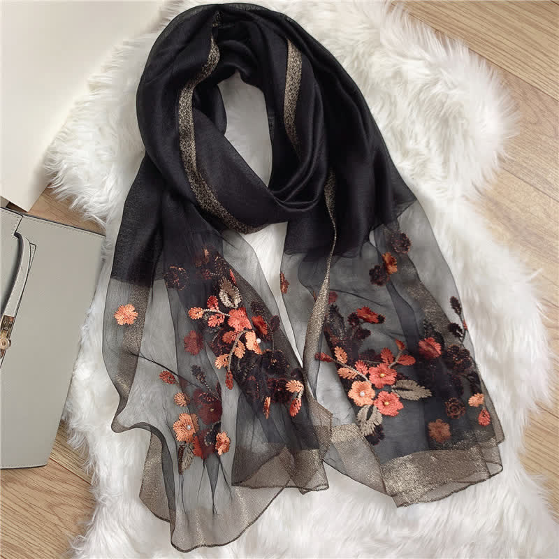 Birchapple Flower Embroidered Gold Edge Thin Summer Scarf - Image 9