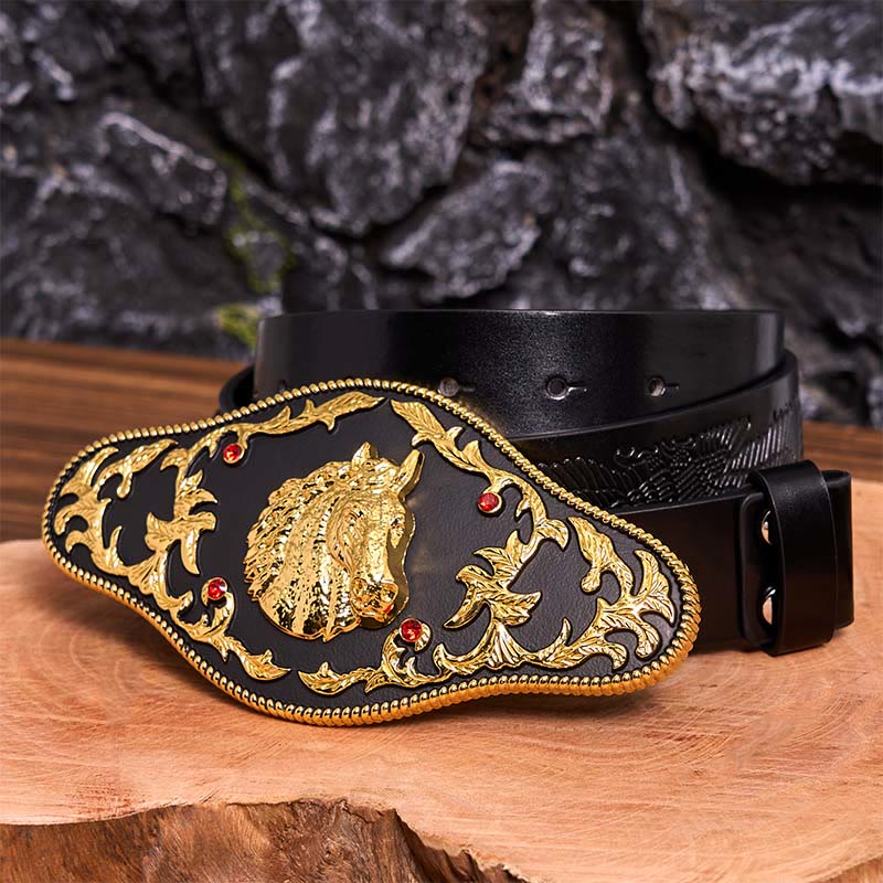 Black And Gold Horse Head DIY Buckle Leather Belt - Image 5
