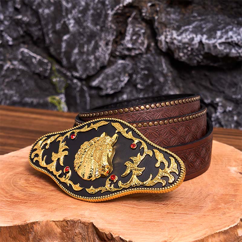 Black And Gold Horse Head DIY Buckle Leather Belt - Image 7