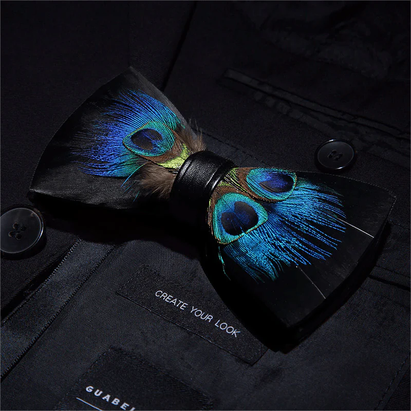 Black & Blue Peacock Eye Feather Bow Tie with Lapel Pin - Image 2