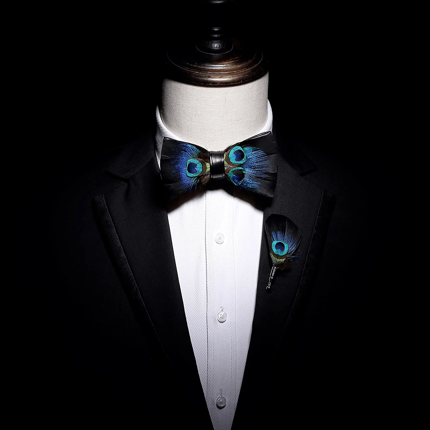 Black & Blue Peacock Eye Feather Bow Tie with Lapel Pin - Image 3
