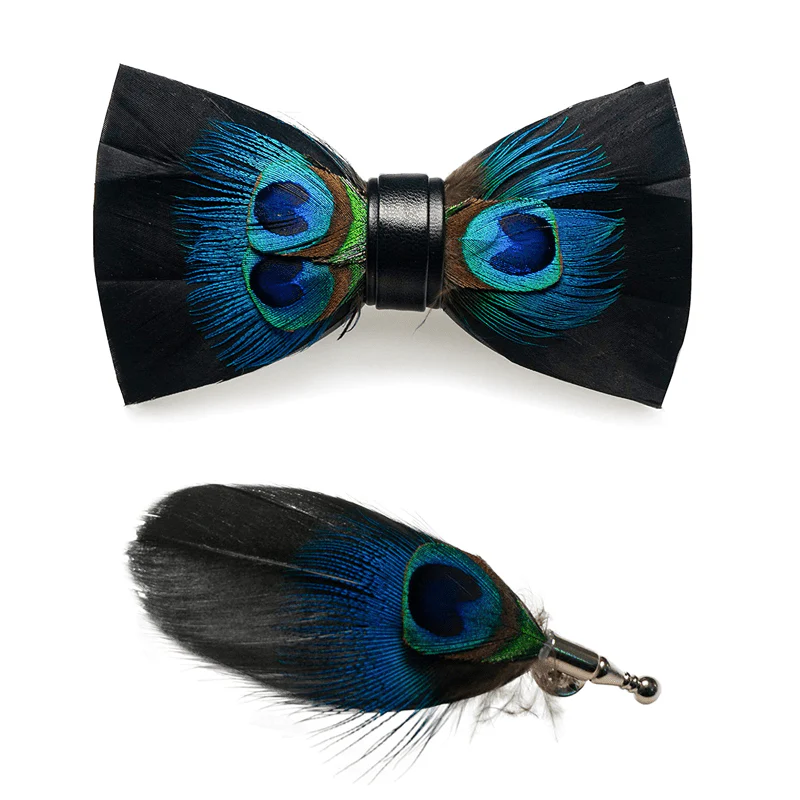 Black & Blue Peacock Eye Feather Bow Tie with Lapel Pin - Image 4