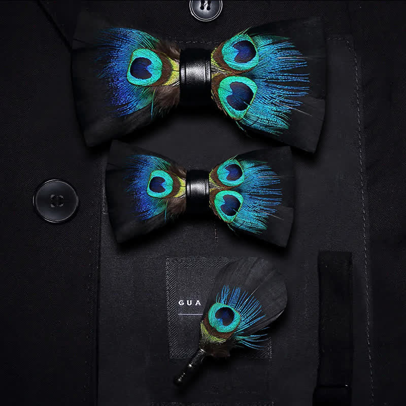 Black & Blue Peacock Eye Feather Bow Tie with Lapel Pin - Image 7