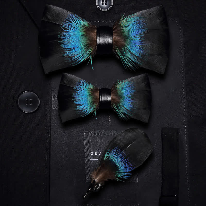 Black & Blue Versatile Feather Bow Tie with Lapel Pin - Image 5