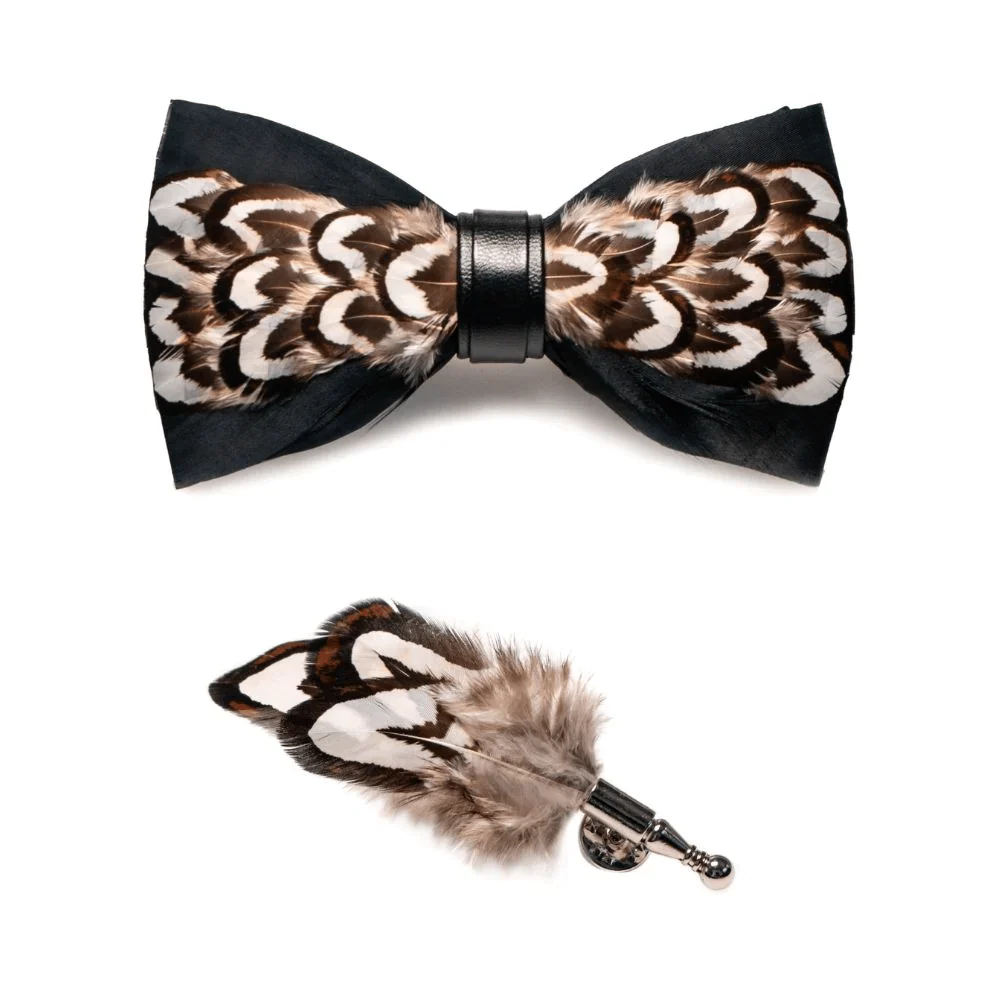 Black & Brown Desert Gobi Feather Bow Tie with Lapel Pin - Image 2