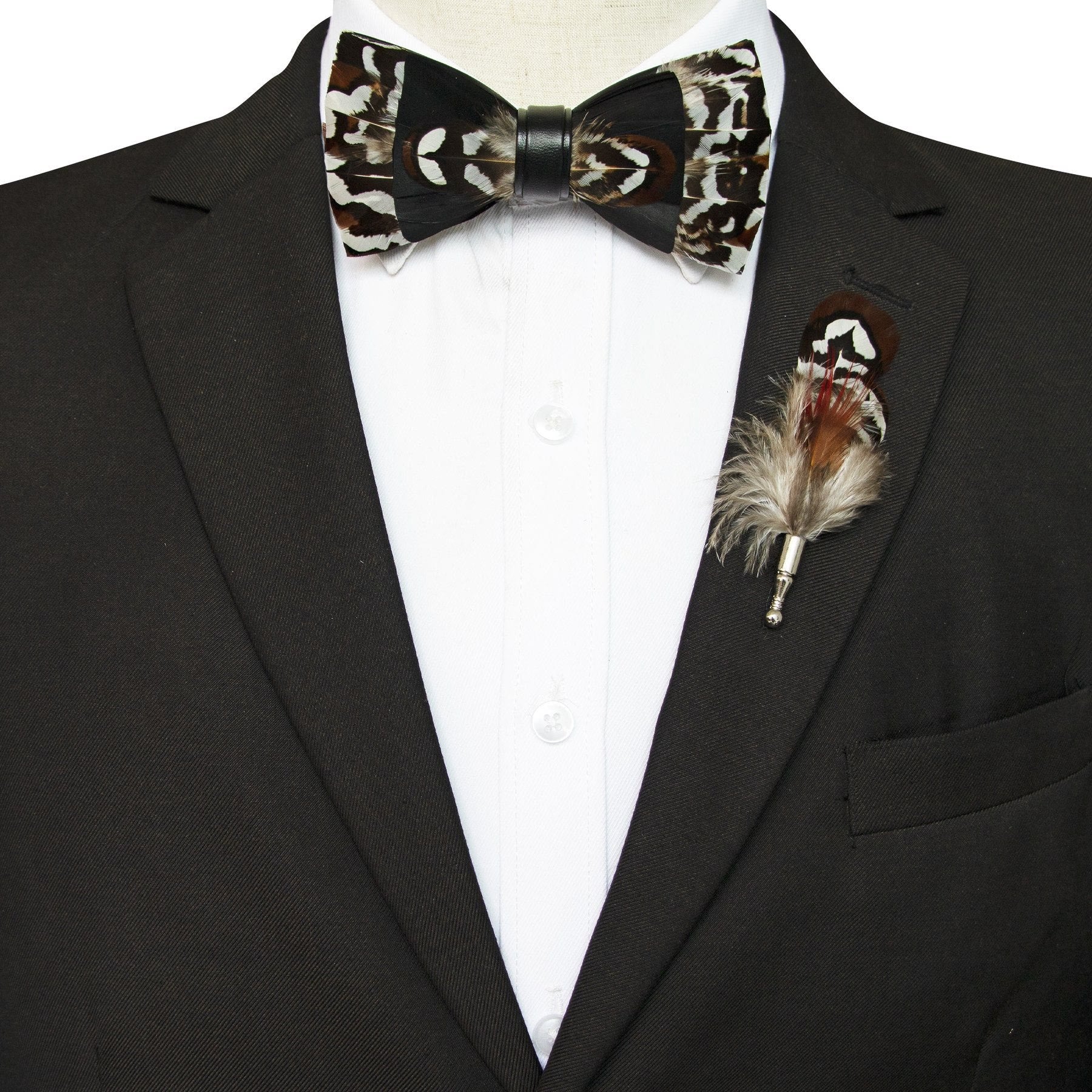 Black & Brown Gentle Feather Bow Tie with Lapel Pin - Image 2