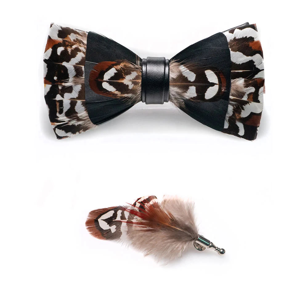 Black & Brown Gentle Feather Bow Tie with Lapel Pin - Image 3