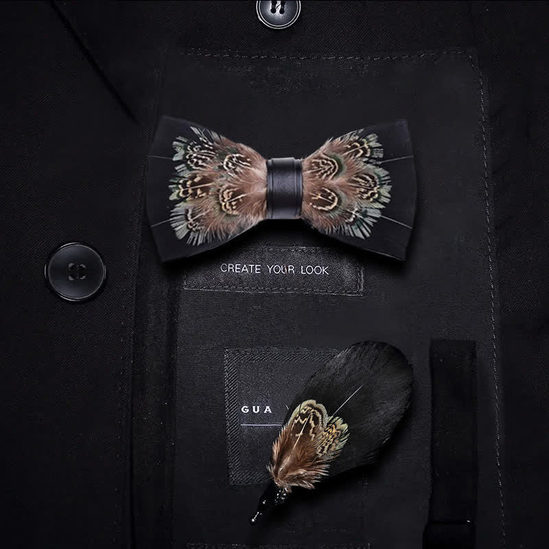 Black & Brown Rich Pheasant Feather Bow Tie with Lapel Pin - Image 5
