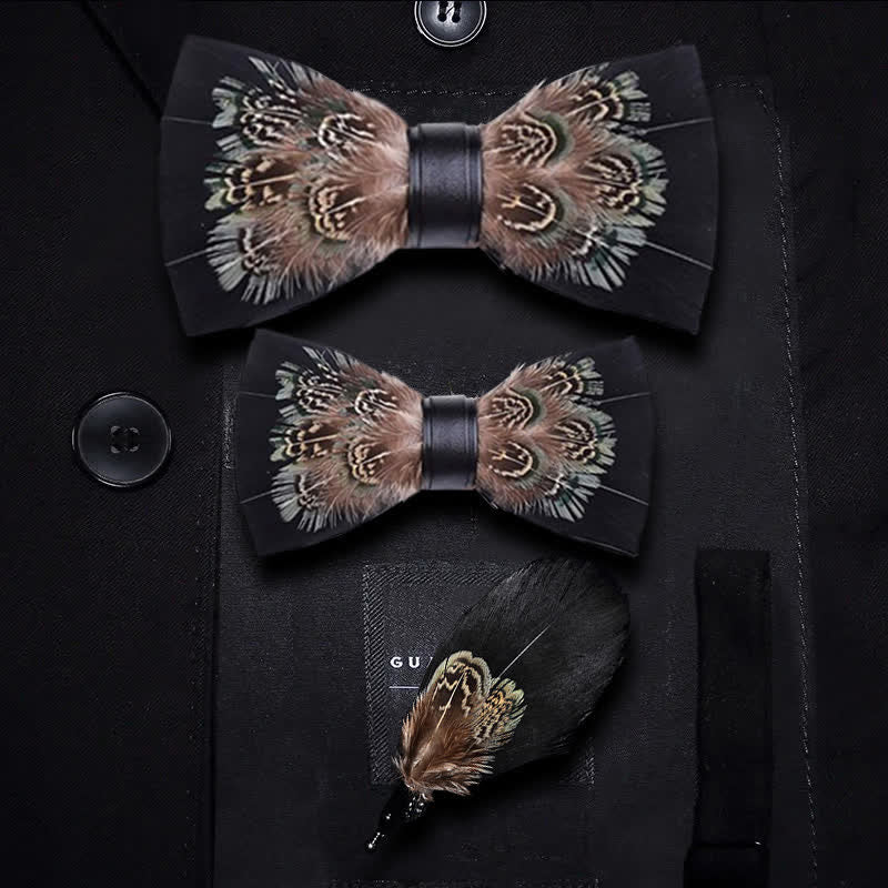 Black & Brown Rich Pheasant Feather Bow Tie with Lapel Pin - Image 6