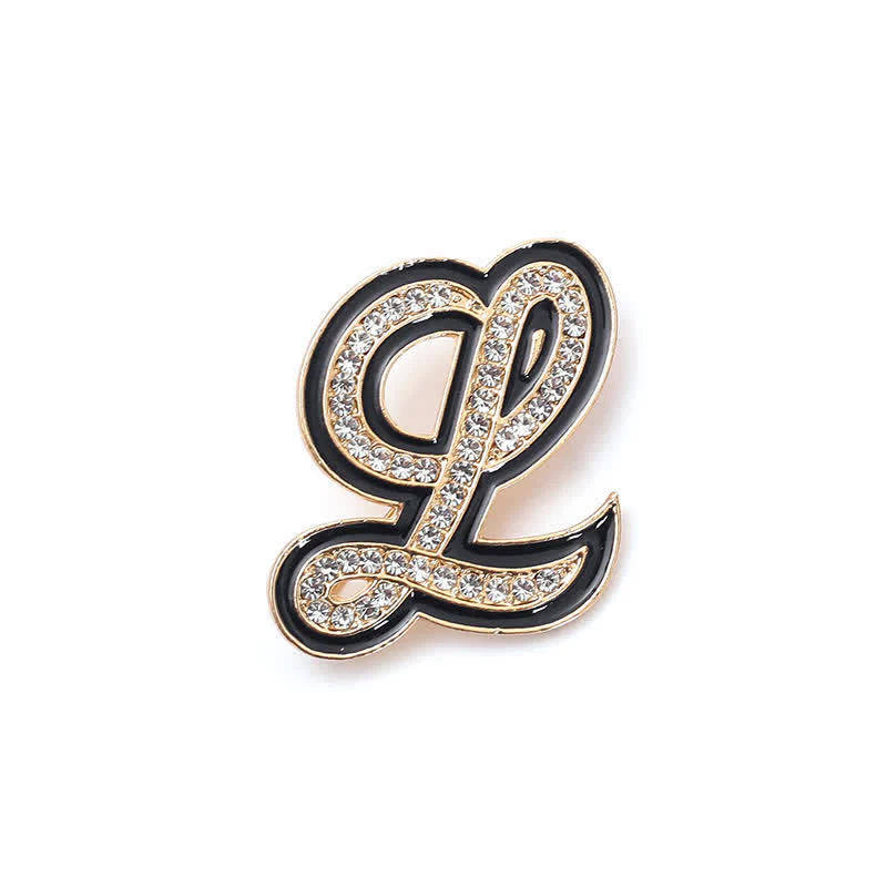 Black Enameled Initial Letter Rhinestone 26 Alphabet Brooch - Image 17
