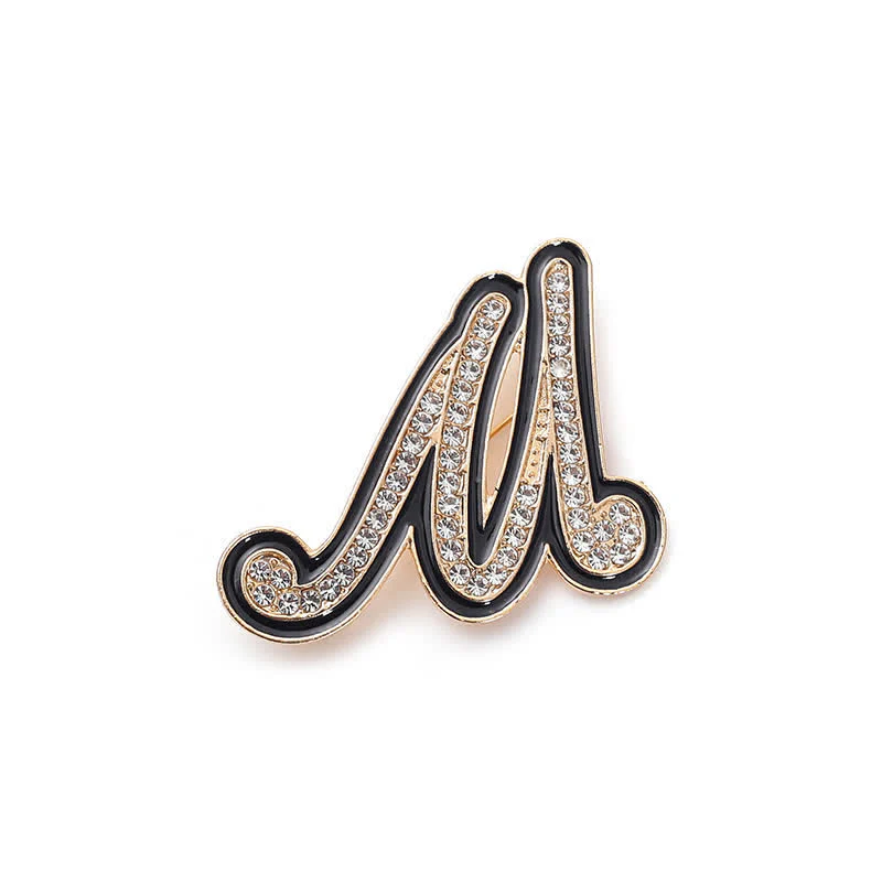 Black Enameled Initial Letter Rhinestone 26 Alphabet Brooch - Image 18