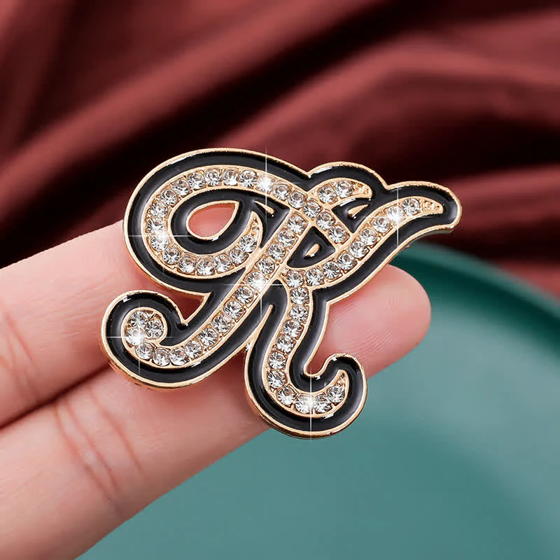 Black Enameled Initial Letter Rhinestone 26 Alphabet Brooch - Image 2