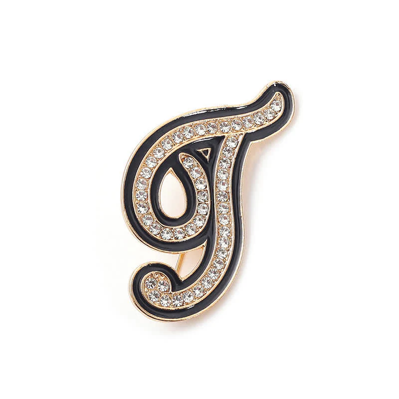 Black Enameled Initial Letter Rhinestone 26 Alphabet Brooch - Image 25