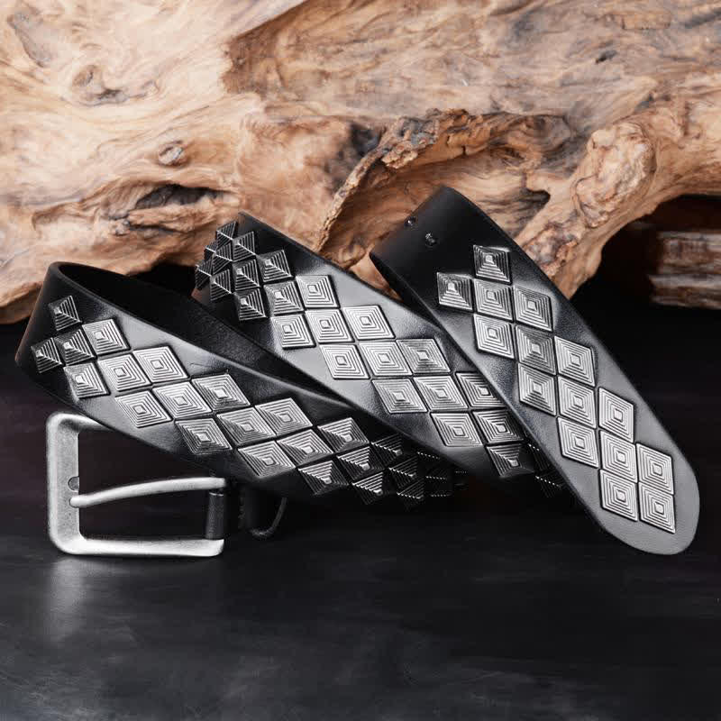 Black Gothic Rhomboid Rivets Leather Belt - Image 2