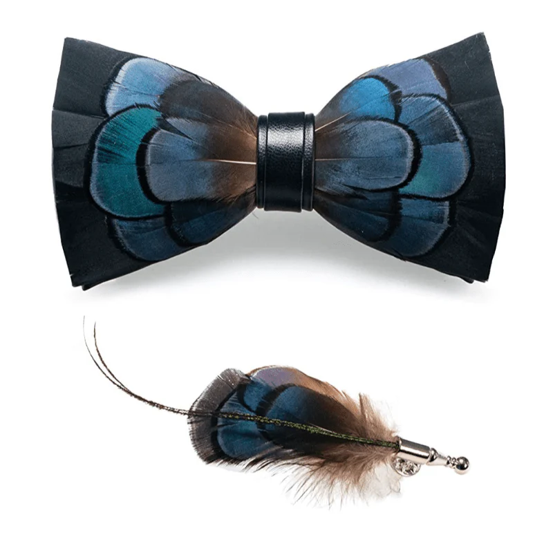 Black & Green Exquisite Feather Bow Tie with Lapel Pin - Image 5
