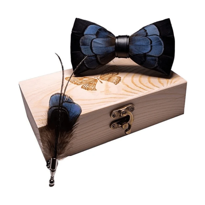 Black & Green Exquisite Feather Bow Tie with Lapel Pin - Image 6