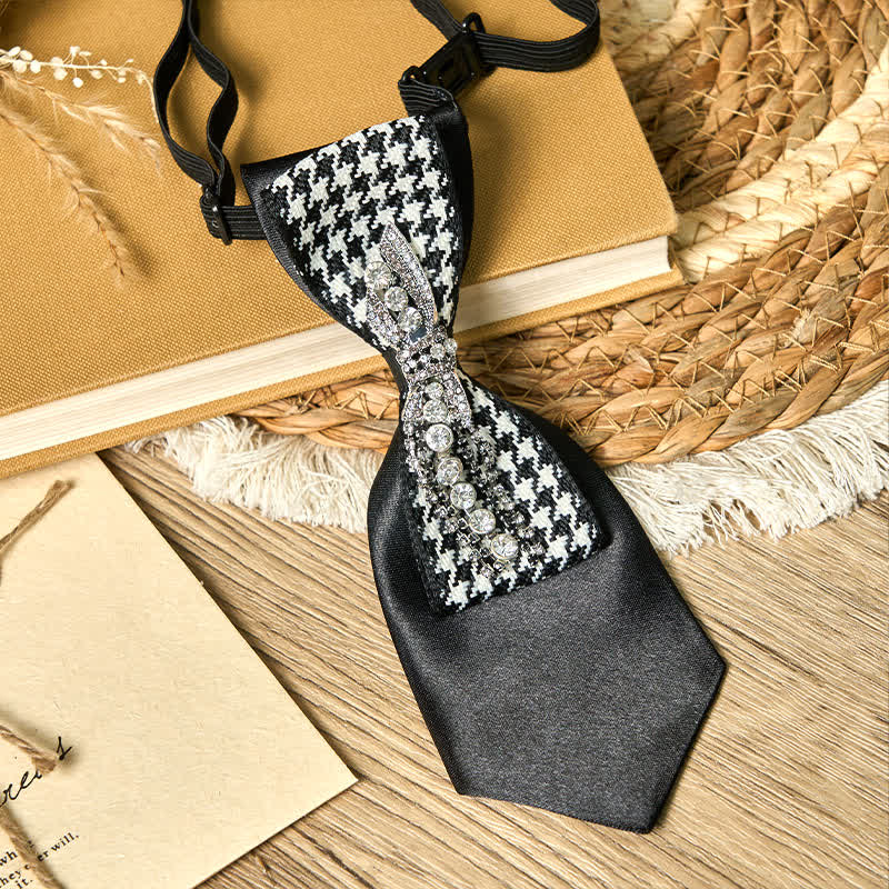Black Houndstooth Rhinestone Bow Shape Creative Necktie - Image 5