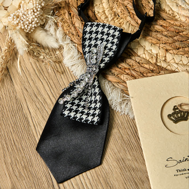 Black Houndstooth Rhinestone Bow Shape Creative Necktie - Image 6