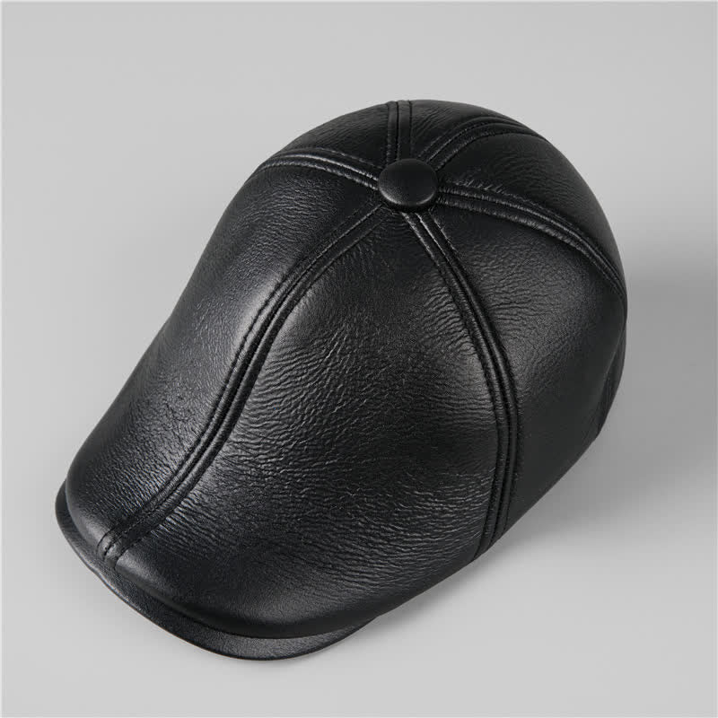 Black Ivy Cap Warm Earmuffs Leather Beret Hat - Image 3