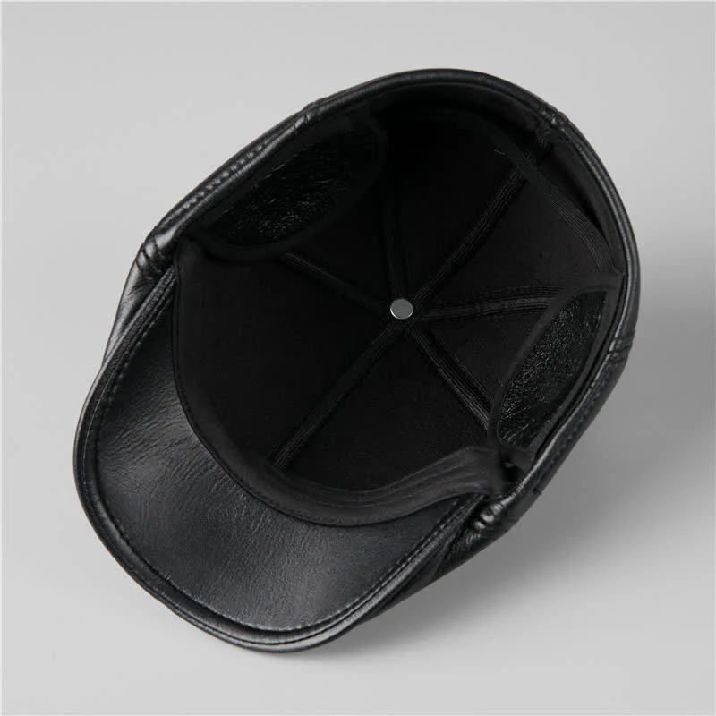 Black Ivy Cap Warm Earmuffs Leather Beret Hat - Image 7