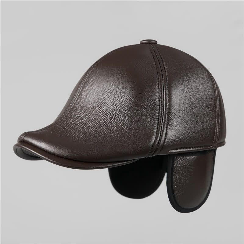 Black Ivy Cap Warm Earmuffs Leather Beret Hat - Image 9