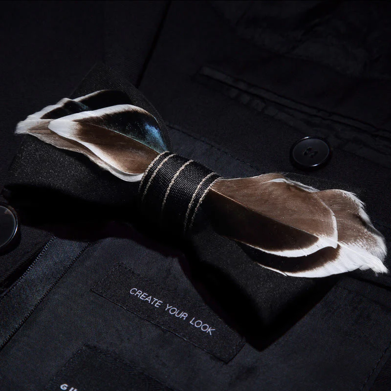 Black Mallard Duck Feather Bow Tie with Lapel Pin - Image 2