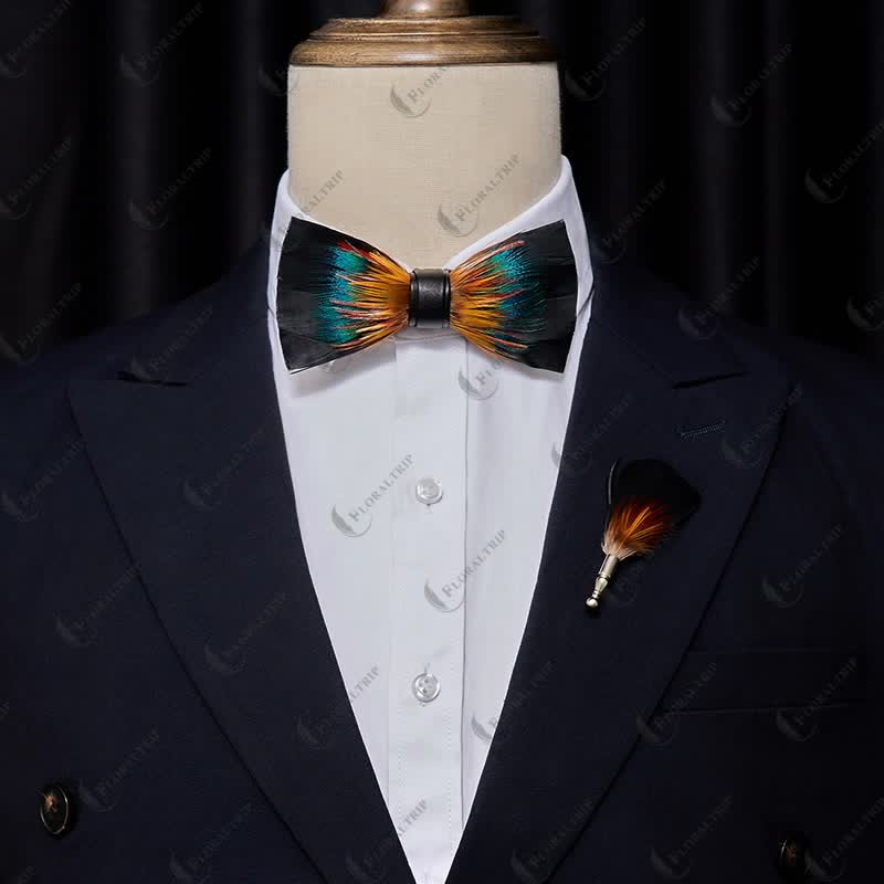 Black & Multicolored Blossom Feather Bow Tie with Lapel Pin - Image 2