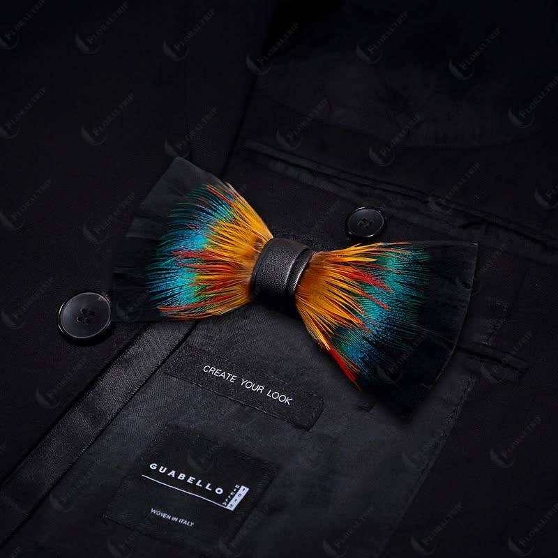 Black & Multicolored Blossom Feather Bow Tie with Lapel Pin - Image 3