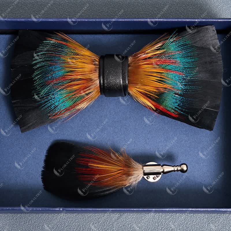 Black & Multicolored Blossom Feather Bow Tie with Lapel Pin - Image 4