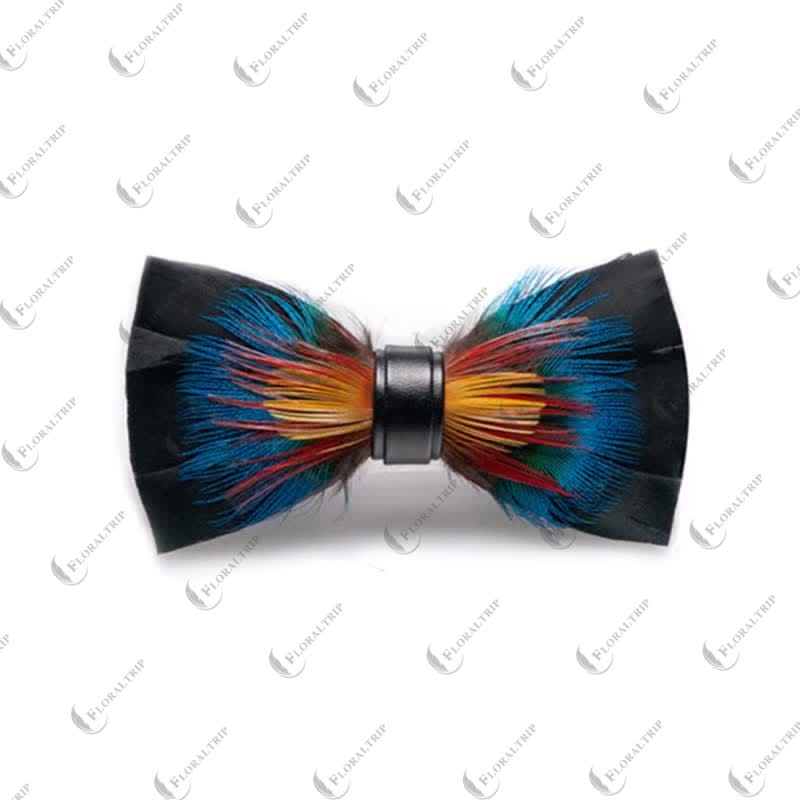 Black & Multicolored Blossom Feather Bow Tie with Lapel Pin - Image 6