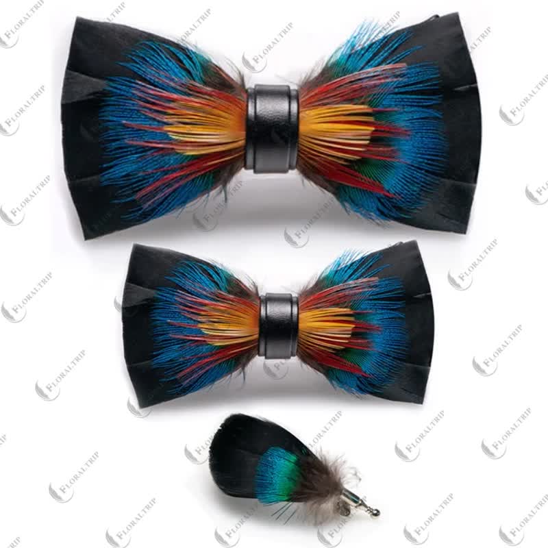 Black & Multicolored Blossom Feather Bow Tie with Lapel Pin - Image 7