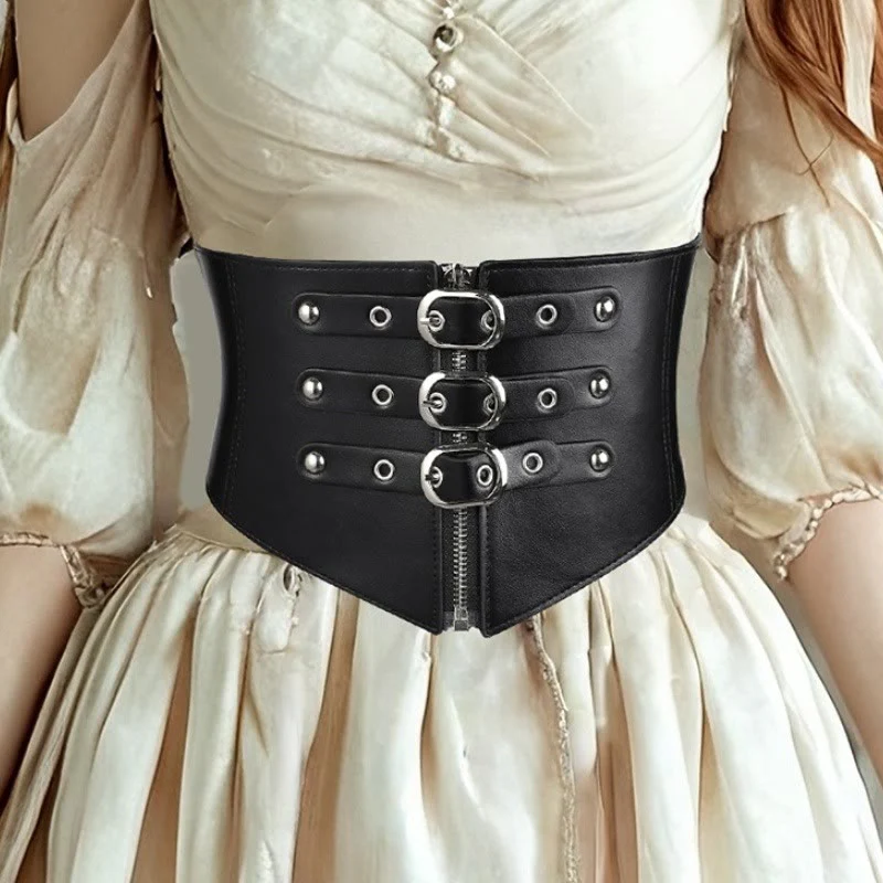 Black Needle Buckle Zipper Women's Elastic Corset Belt