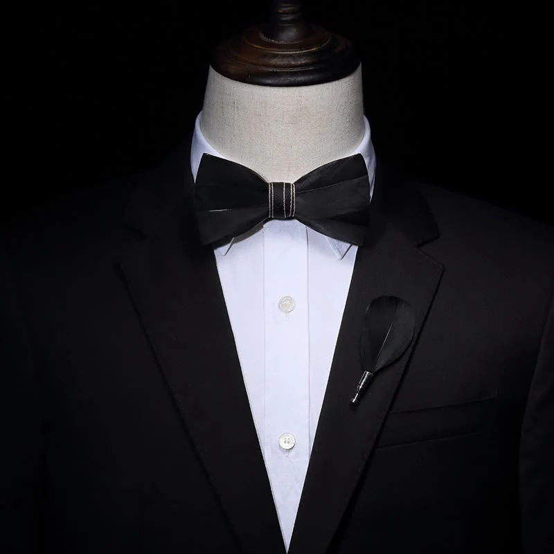 Black Noble Feather Bow Tie with Lapel Pin - Image 2