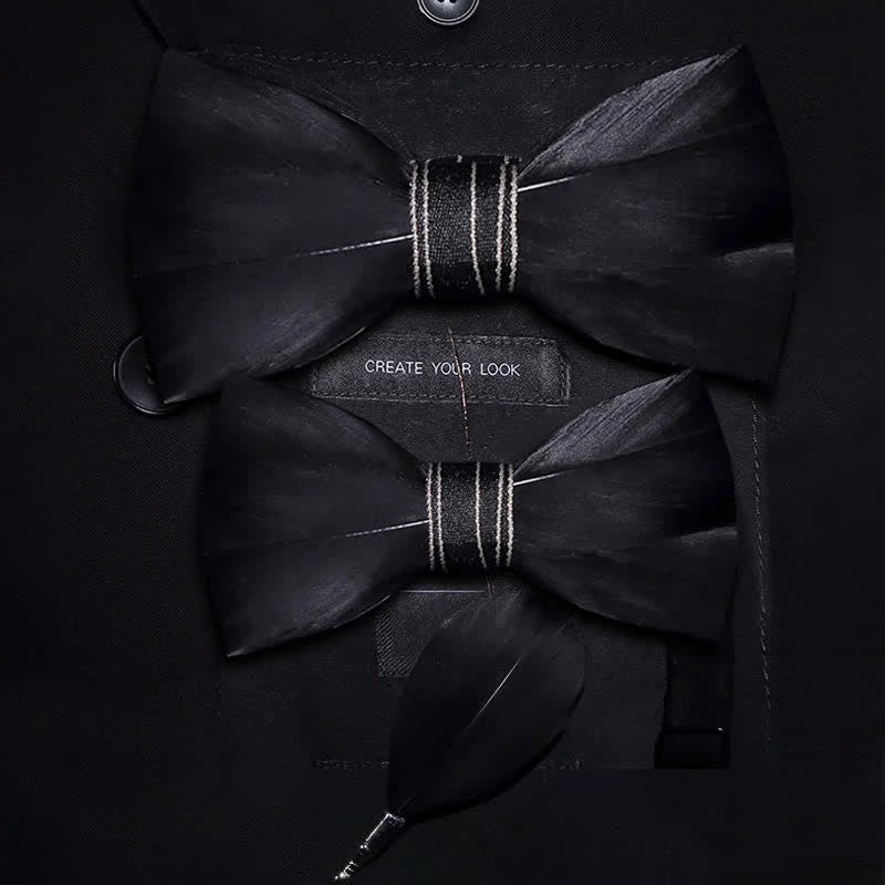Black Noble Feather Bow Tie with Lapel Pin - Image 5