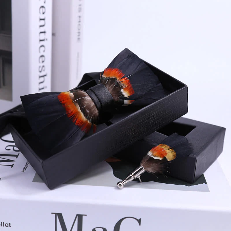 Black & Orange Feather Bow Tie with Lapel Pin - Image 2