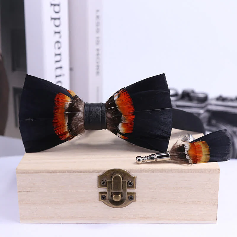 Black & Orange Feather Bow Tie with Lapel Pin - Image 3