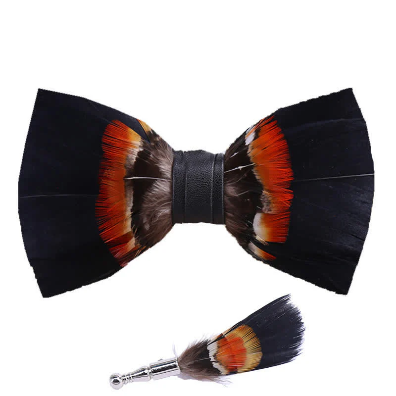 Black & Orange Feather Bow Tie with Lapel Pin - Image 4