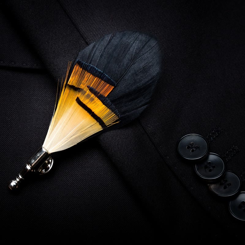 Black & Orange Midnight Feather Bow Tie with Lapel Pin - Image 3