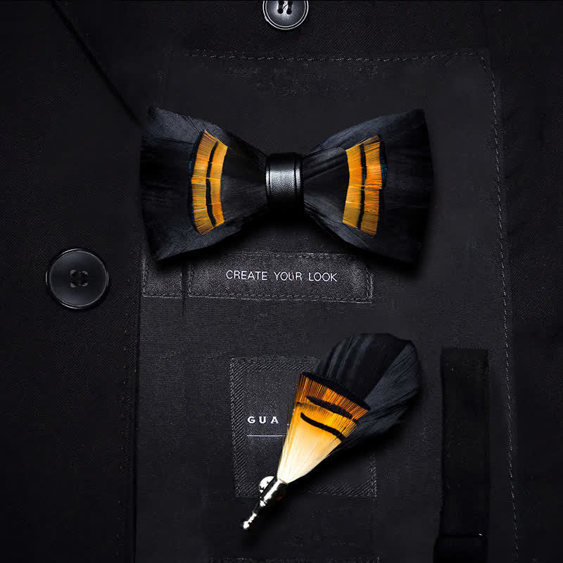 Black & Orange Midnight Feather Bow Tie with Lapel Pin - Image 5