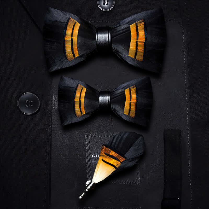 Black & Orange Midnight Feather Bow Tie with Lapel Pin - Image 6