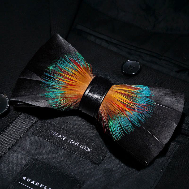 Black & Orange Noble Feather Bow Tie with Lapel Pin - Image 2