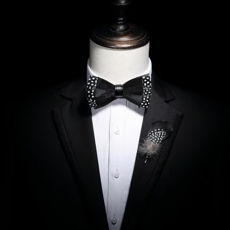 Black Polka-dotted Feather Bow Tie with Lapel Pin - Image 4