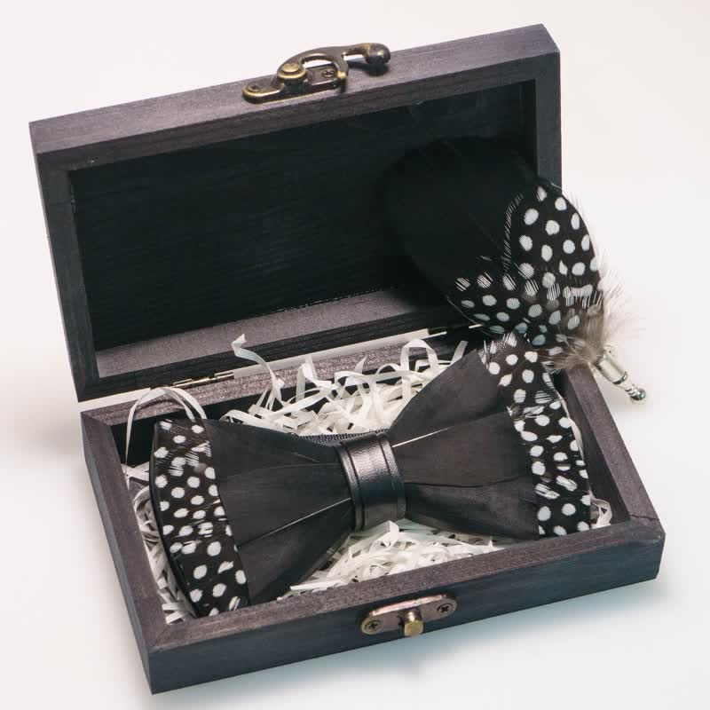 Black Polka-dotted Feather Bow Tie with Lapel Pin - Image 5