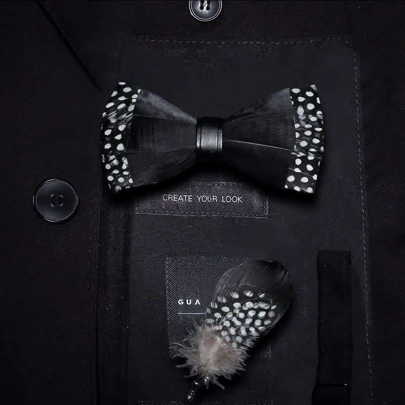 Black Polka-dotted Feather Bow Tie with Lapel Pin - Image 6