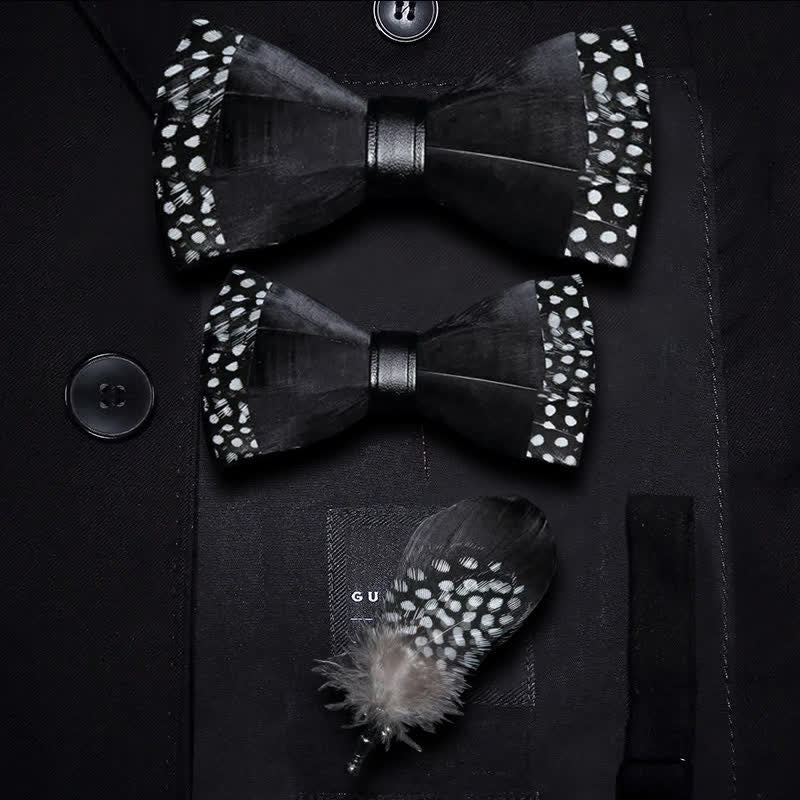 Black Polka-dotted Feather Bow Tie with Lapel Pin - Image 7