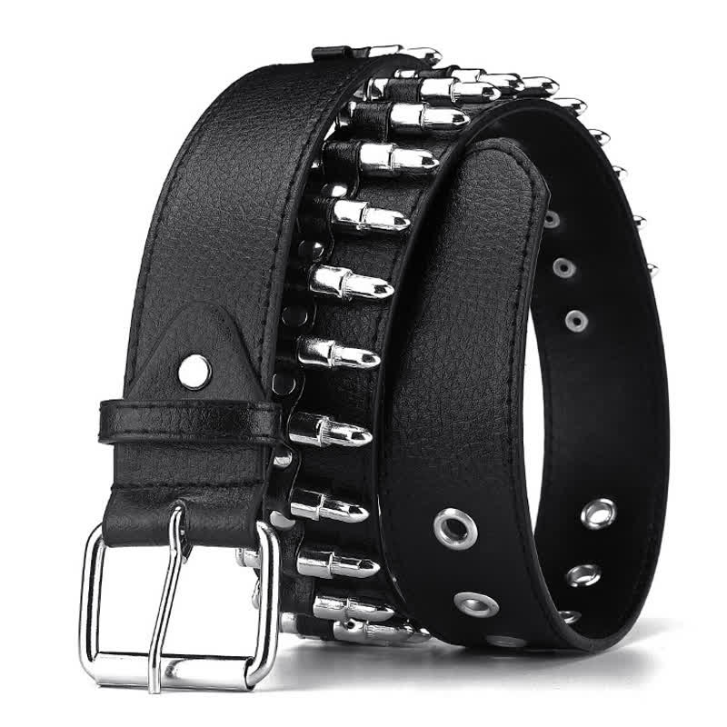 Black Punk Rock Bullets Rivet Studded Leather Belt - Image 3
